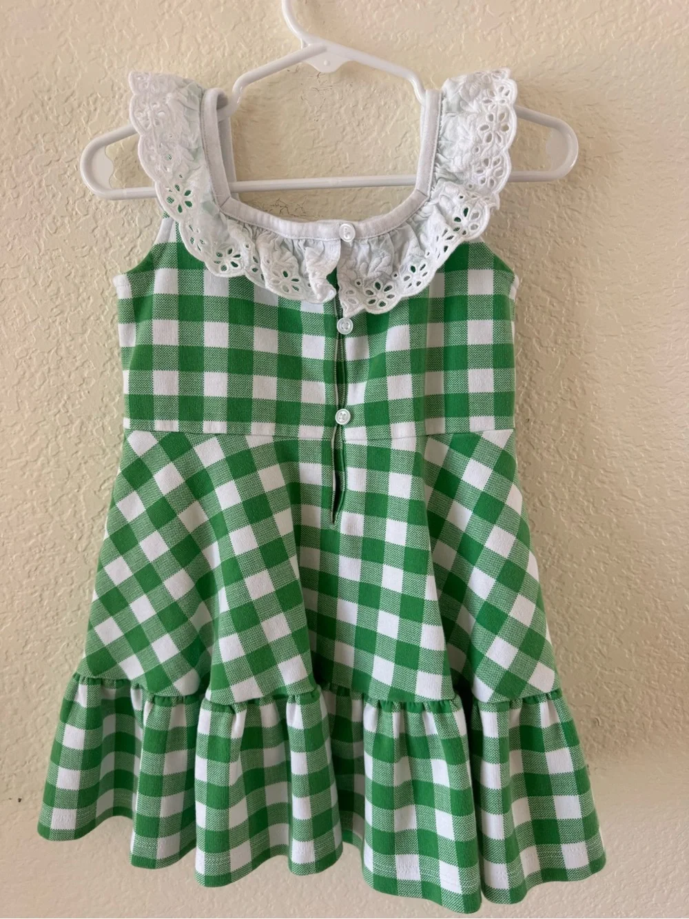 Janie and Jack, Green and White Gingham Ruffle Dress with Eyelet Collar